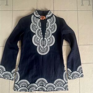 Tory Burch Women’s Navy White 100% Linen Tunic Size 2
